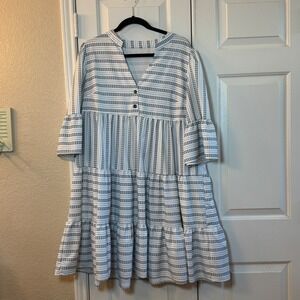 White with Blue Pattern Dress Bell 3/4 Sleeve Flowy Lightweight V-Neck Womens XL